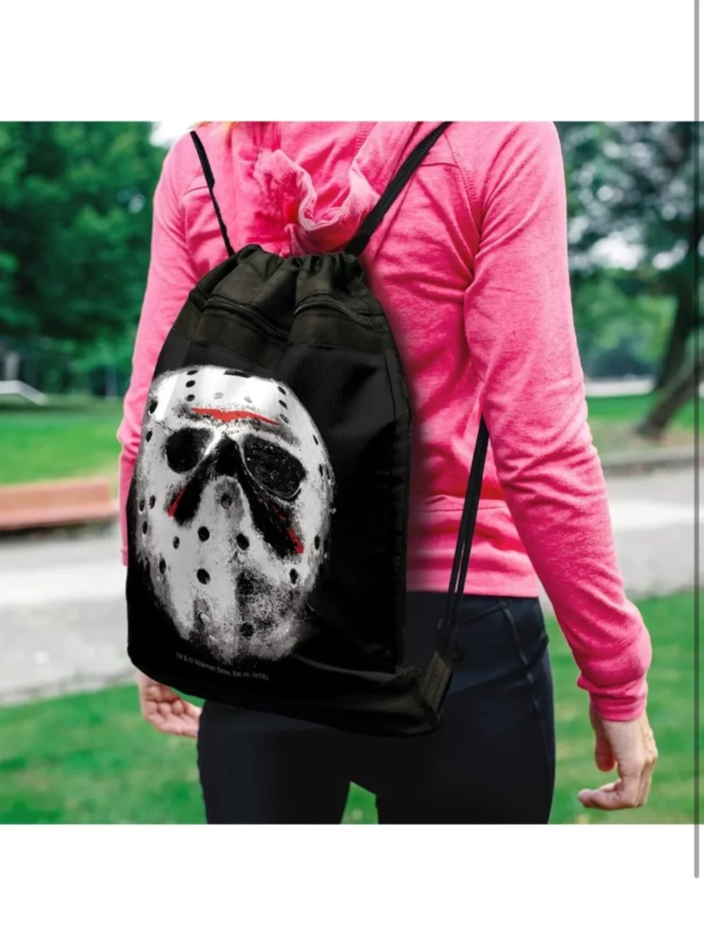 Black Drawstring Backpack with Horror Mask Graphic